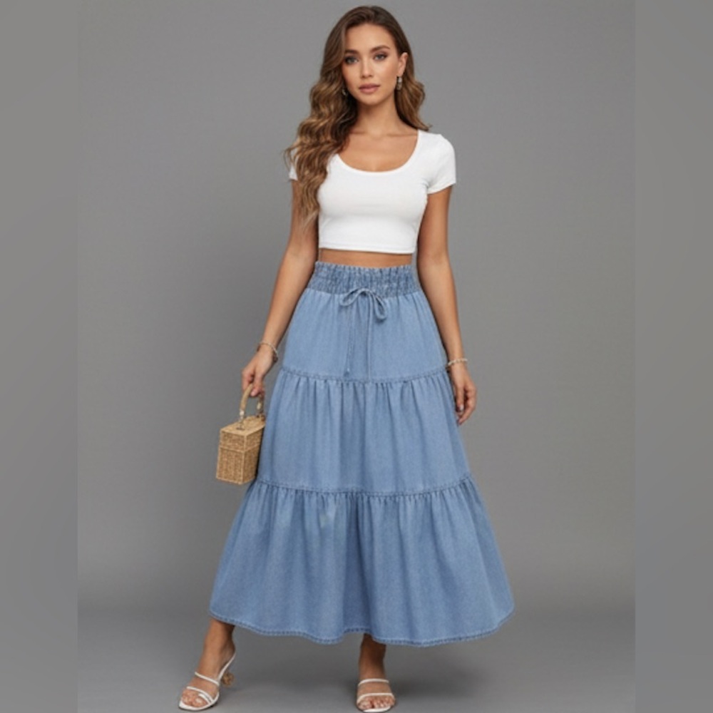 Boho Ruffle Hem Shirred Waist Denim Midi Skirt
